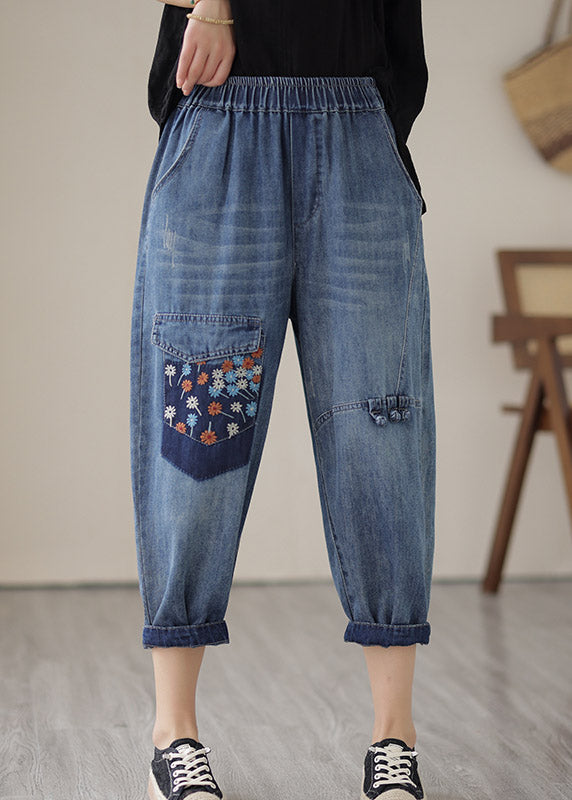 Unique Blue Elastic Waist Embroideried Patchwork Crop Pants Summer LY2993 - fabuloryshop