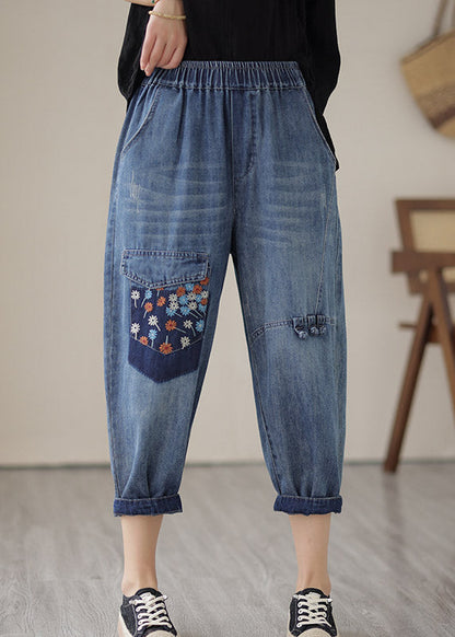 Unique Blue Elastic Waist Embroideried Patchwork Crop Pants Summer LY2993 - fabuloryshop