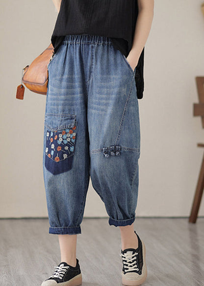 Unique Blue Elastic Waist Embroideried Patchwork Crop Pants Summer LY2993 - fabuloryshop