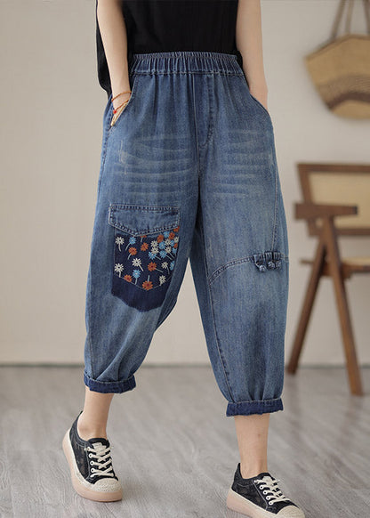 Unique Blue Elastic Waist Embroideried Patchwork Crop Pants Summer LY2993 - fabuloryshop