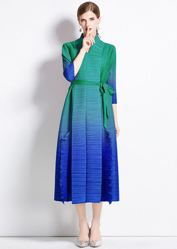 Unique Blue Gradient Ruffled Tie Waist Patchwork Chiffon Long Dress Summer LY7441 - fabuloryshop