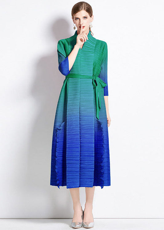 Unique Blue Gradient Ruffled Tie Waist Patchwork Chiffon Long Dress Summer LY7441 - fabuloryshop