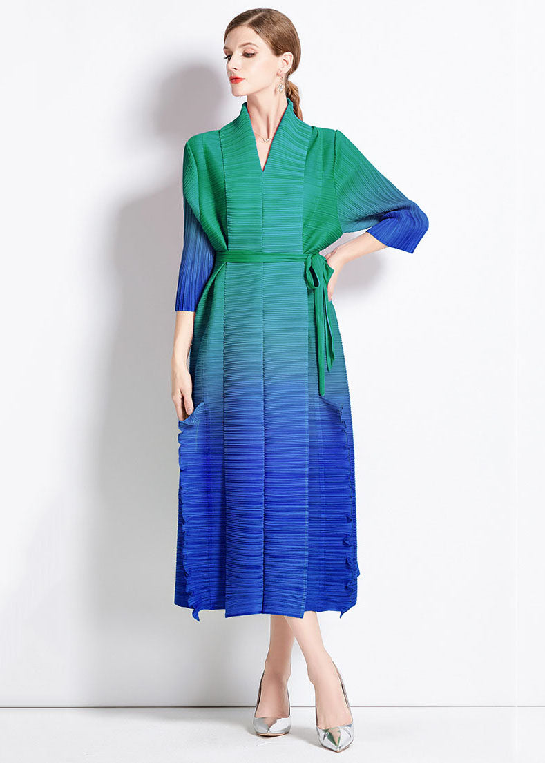 Unique Blue Gradient Ruffled Tie Waist Patchwork Chiffon Long Dress Summer LY7441 - fabuloryshop