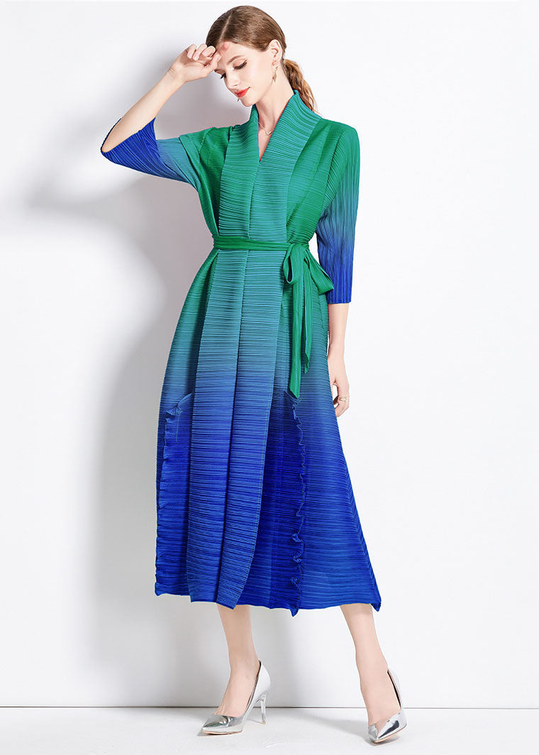 Unique Blue Gradient Ruffled Tie Waist Patchwork Chiffon Long Dress Summer LY7441 - fabuloryshop