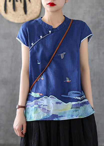 Unique Blue Mandarin Collar Embroideried Cotton Tank Tops Short Sleeve TG1017 - fabuloryshop