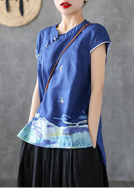 Unique Blue Mandarin Collar Embroideried Cotton Tank Tops Short Sleeve TG1017 - fabuloryshop