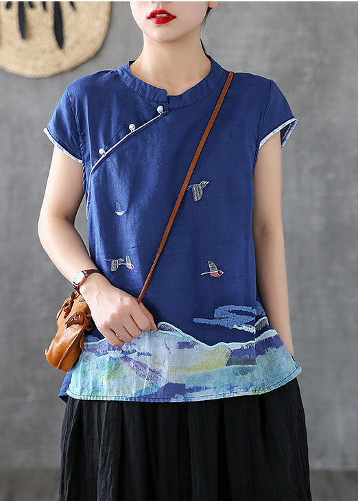 Unique Blue Mandarin Collar Embroideried Cotton Tank Tops Short Sleeve TG1017 - fabuloryshop