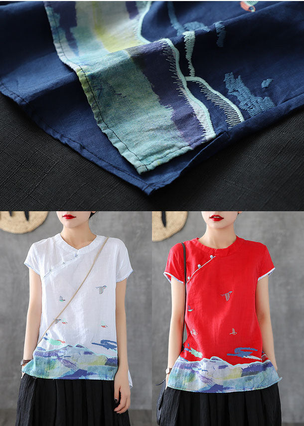 Unique Blue Mandarin Collar Embroideried Cotton Tank Tops Short Sleeve TG1017 - fabuloryshop