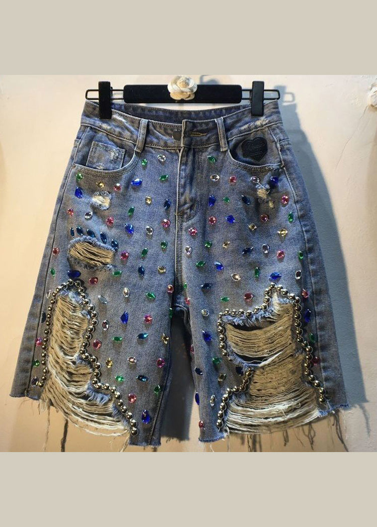 Unique Blue Nail Bead Patchwork High Waist Ripped Shorts Jeans TY1098 - fabuloryshop