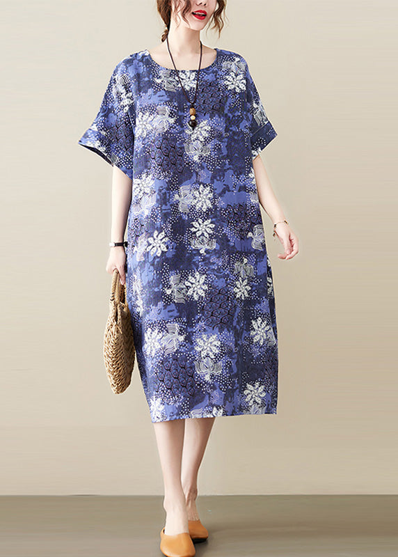 Unique Blue O-Neck Print Long Dresses Short Sleeve LY6064 - fabuloryshop