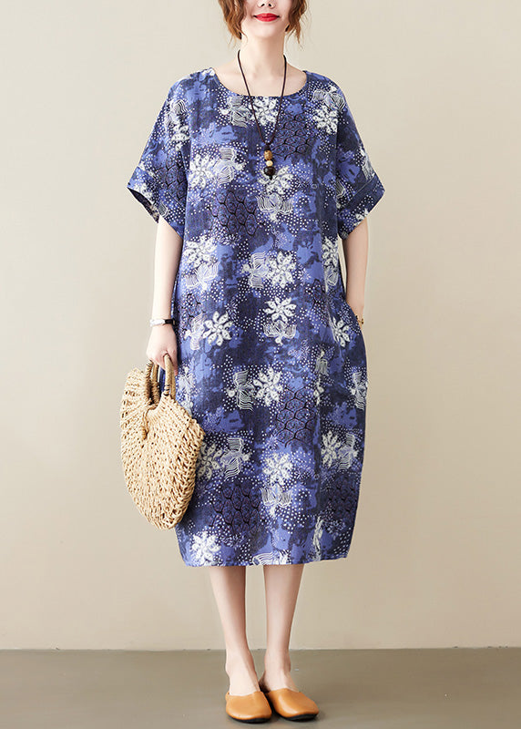 Unique Blue O-Neck Print Long Dresses Short Sleeve LY6064 - fabuloryshop