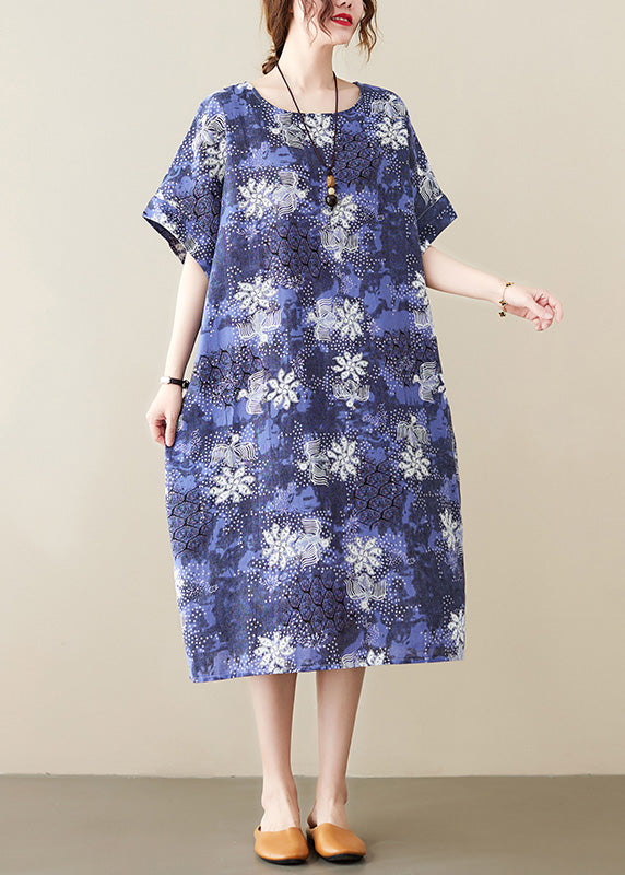 Unique Blue O-Neck Print Long Dresses Short Sleeve LY6064 - fabuloryshop