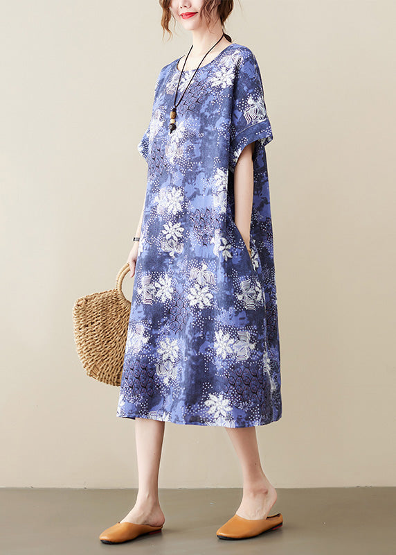 Unique Blue O-Neck Print Long Dresses Short Sleeve LY6064 - fabuloryshop