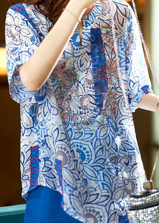 Unique Blue O Neck Print Patchwork Chiffon Shirts Summer LY3813 - fabuloryshop