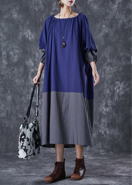 Unique Blue Oversized Patchwork Linen Dress Lantern Sleeve LY7033 - fabuloryshop