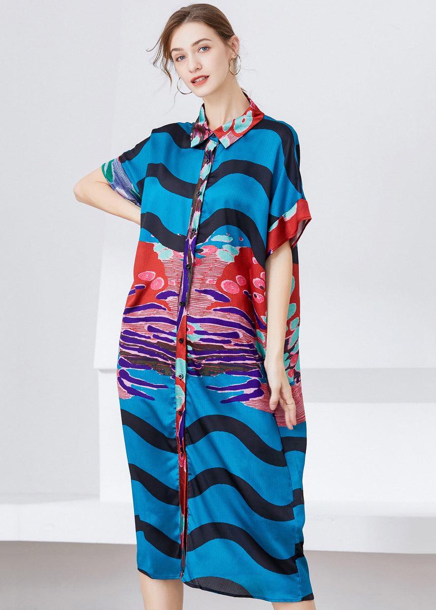 Unique Blue Oversized Print Chiffon Shirt Dress Summer LY0301 - fabuloryshop