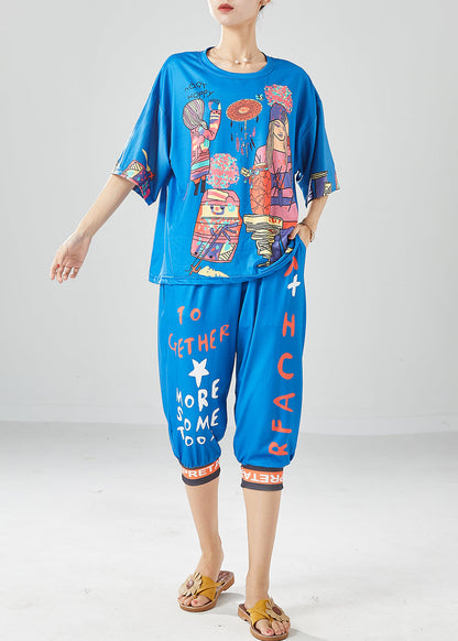 Unique Blue Oversized Print Silk Tops And Pants Two Pieces Set Summer LY6113 - fabuloryshop