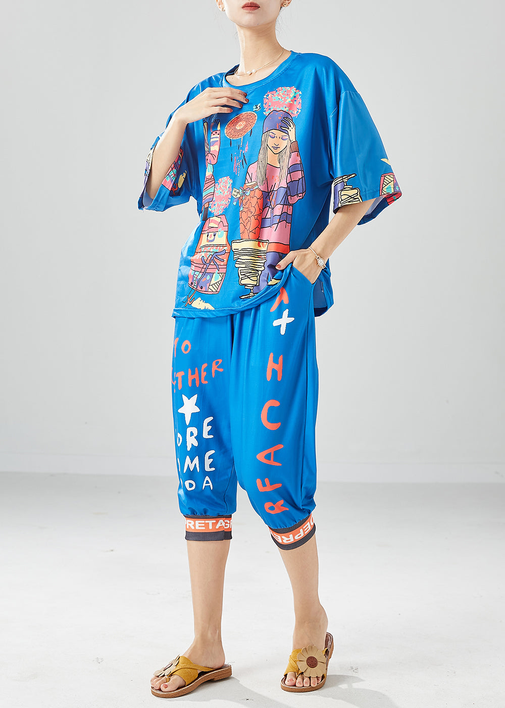 Unique Blue Oversized Print Silk Tops And Pants Two Pieces Set Summer LY6113 - fabuloryshop