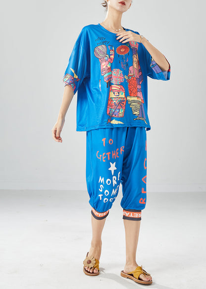 Unique Blue Oversized Print Silk Tops And Pants Two Pieces Set Summer LY6113 - fabuloryshop