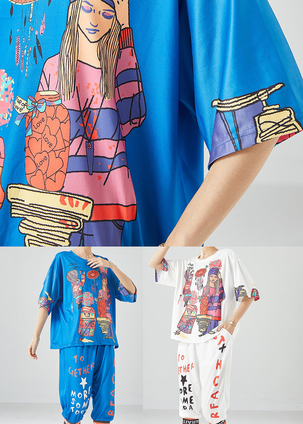 Unique Blue Oversized Print Silk Tops And Pants Two Pieces Set Summer LY6113 - fabuloryshop