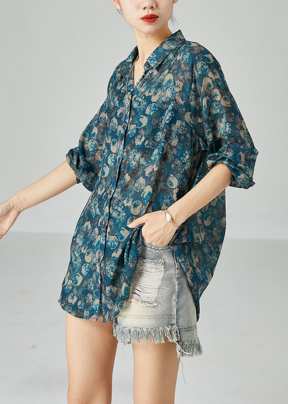 Unique Blue Peter Pan Collar Oversized Print Cotton Shirts Spring LY2444 - fabuloryshop