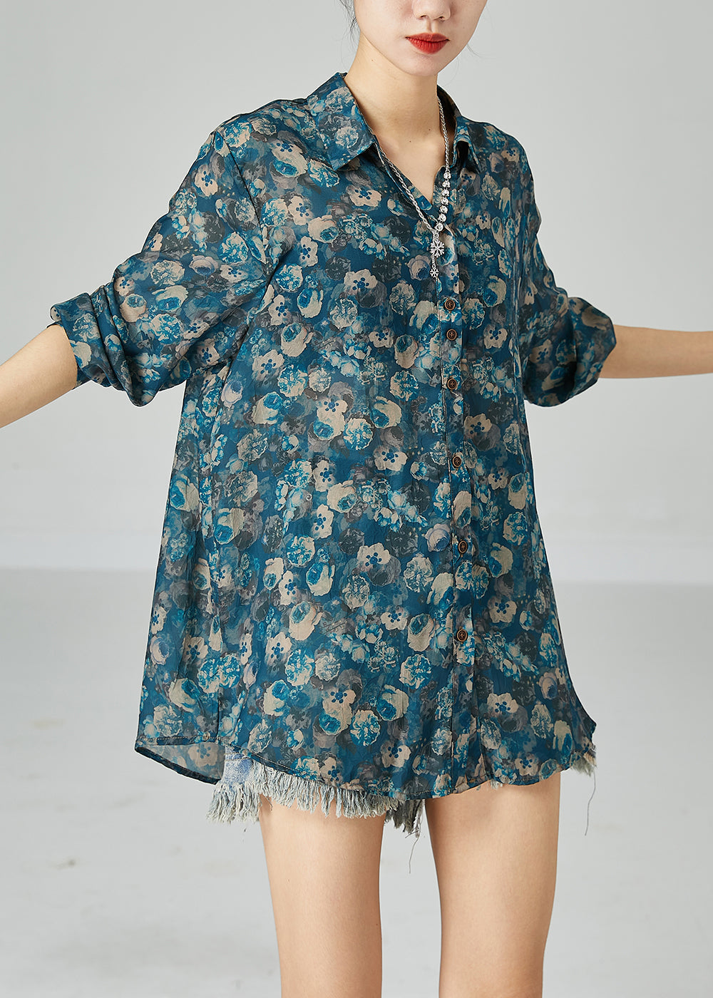 Unique Blue Peter Pan Collar Oversized Print Cotton Shirts Spring LY2444