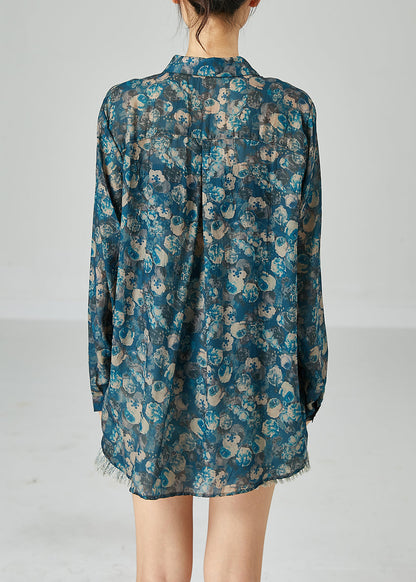 Unique Blue Peter Pan Collar Oversized Print Cotton Shirts Spring LY2444 - fabuloryshop