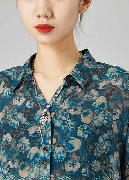 Unique Blue Peter Pan Collar Oversized Print Cotton Shirts Spring LY2444 - fabuloryshop