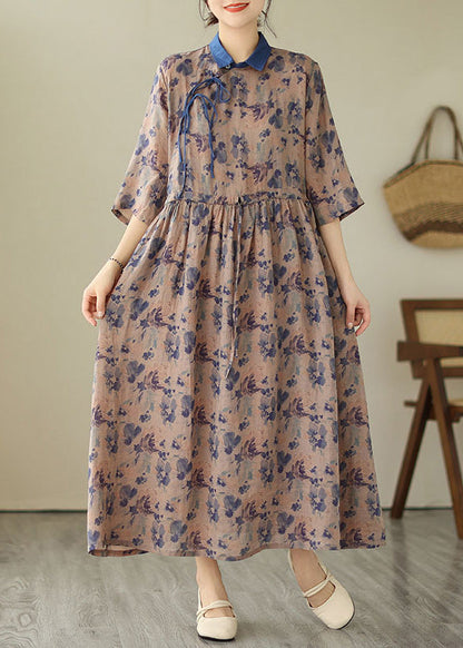 Unique Blue Peter Pan Collar Print Drawstring Button Linen Long Dresses Short Sleeve LY4964 - fabuloryshop