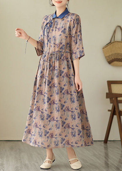 Unique Blue Peter Pan Collar Print Drawstring Button Linen Long Dresses Short Sleeve LY4964 - fabuloryshop