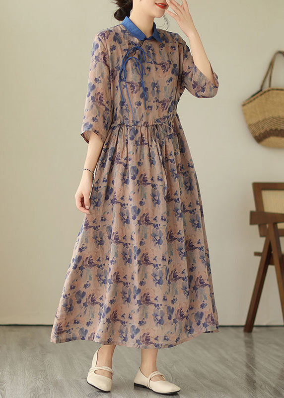 Unique Blue Peter Pan Collar Print Drawstring Button Linen Long Dresses Short Sleeve LY4964 - fabuloryshop