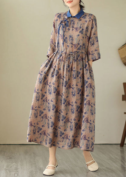 Unique Blue Peter Pan Collar Print Drawstring Button Linen Long Dresses Short Sleeve LY4964 - fabuloryshop