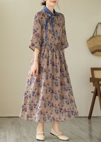 Unique Blue Peter Pan Collar Print Drawstring Button Linen Long Dresses Short Sleeve LY4964 - fabuloryshop