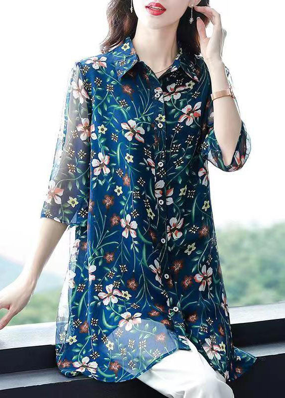 Unique Blue Peter Pan Collar Print Patchwork Chiffon Blouses Summer LY6678 - fabuloryshop