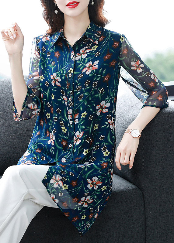 Unique Blue Peter Pan Collar Print Patchwork Chiffon Blouses Summer LY6678 - fabuloryshop