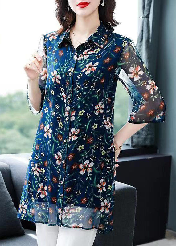 Unique Blue Peter Pan Collar Print Patchwork Chiffon Blouses Summer LY6678 - fabuloryshop