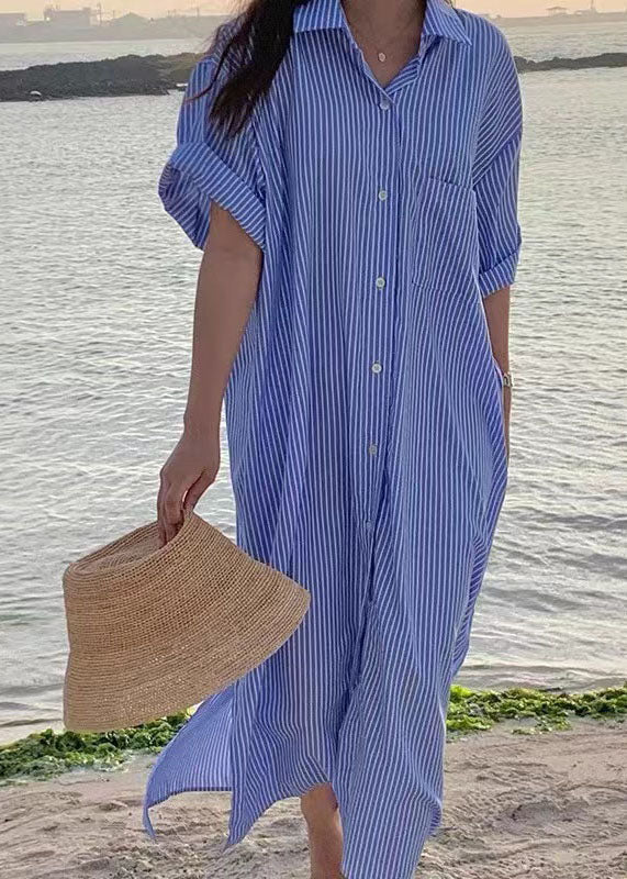 Unique Blue Peter Pan Collar Striped Cotton Shirts Dress Summer LY2171 - fabuloryshop