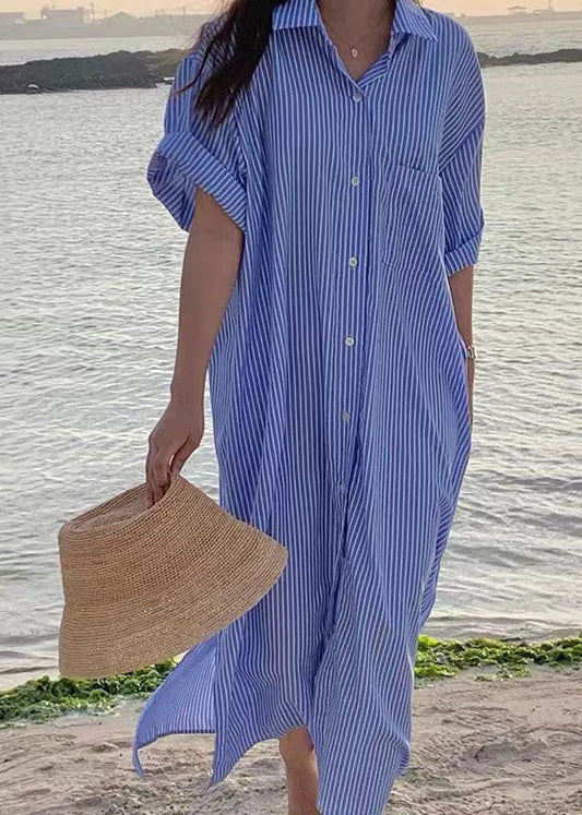 Unique Blue Peter Pan Collar Striped Cotton Shirts Dress Summer LY2171 - fabuloryshop