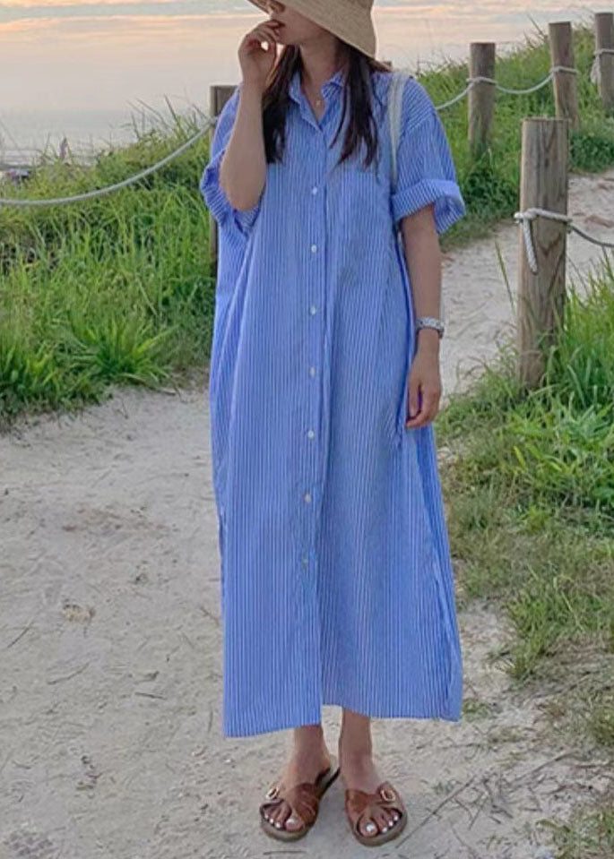 Unique Blue Peter Pan Collar Striped Cotton Shirts Dress Summer LY2171 - fabuloryshop