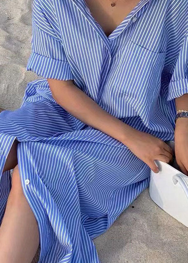 Unique Blue Peter Pan Collar Striped Cotton Shirts Dress Summer LY2171 - fabuloryshop