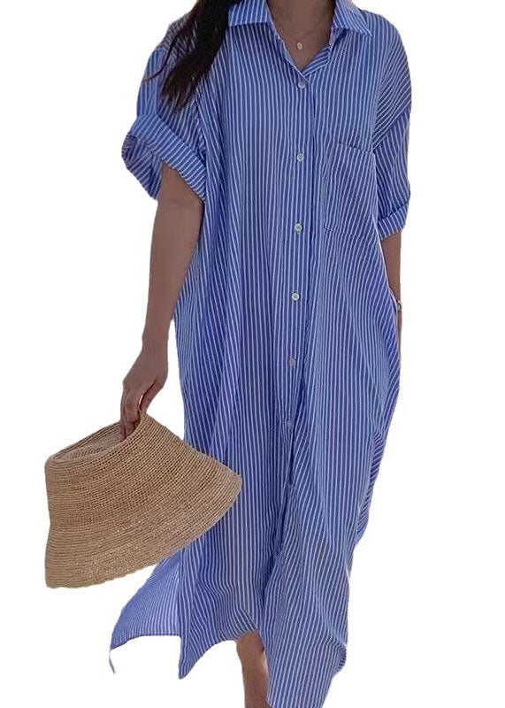 Unique Blue Peter Pan Collar Striped Cotton Shirts Dress Summer LY2171 - fabuloryshop