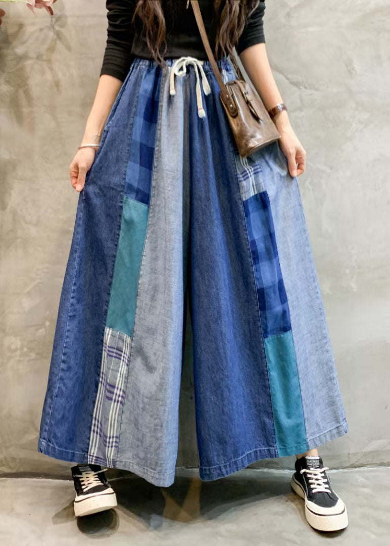 Unique Blue Pockets Elastic Waist Patchwork Wide Leg Pants Fall Ada Fashion