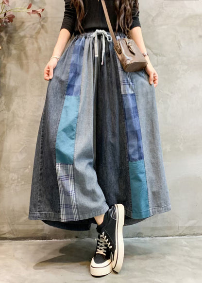 Unique Blue Pockets Elastic Waist Patchwork Wide Leg Pants Fall Ada Fashion