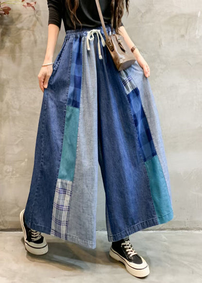 Unique Blue Pockets Elastic Waist Patchwork Wide Leg Pants Fall Ada Fashion