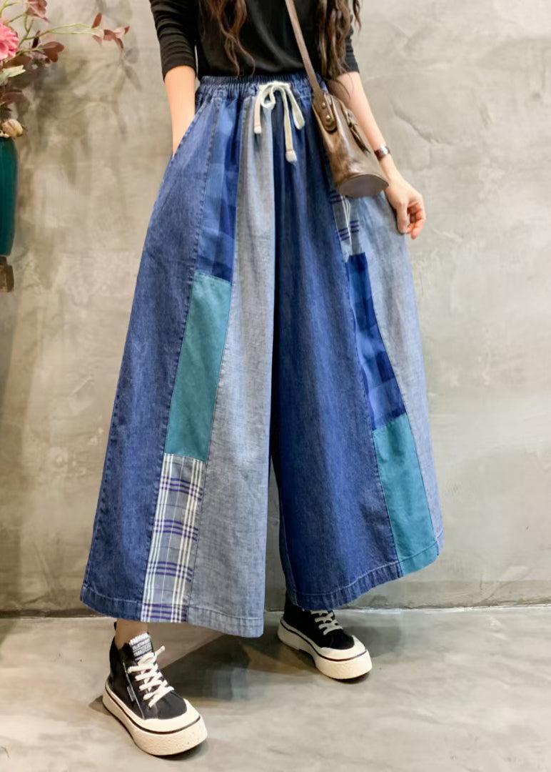 Unique Blue Pockets Elastic Waist Patchwork Wide Leg Pants Fall Ada Fashion