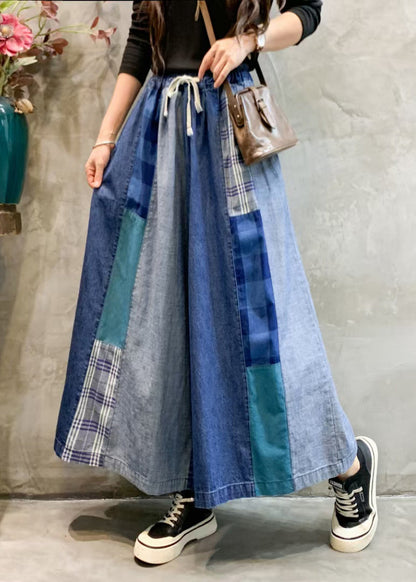 Unique Blue Pockets Elastic Waist Patchwork Wide Leg Pants Fall Ada Fashion