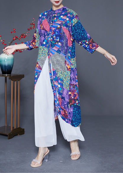 Unique Blue Print Asymmetrical Design Chiffon Long Shirt Summer LY1770 - fabuloryshop