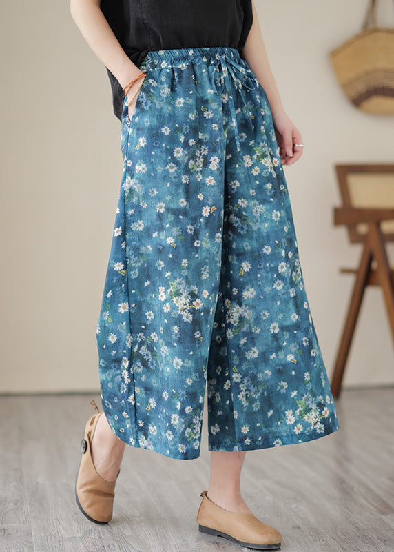 Unique Blue Print Elastic Waist Wide Leg Pants Summer LY4511 - fabuloryshop