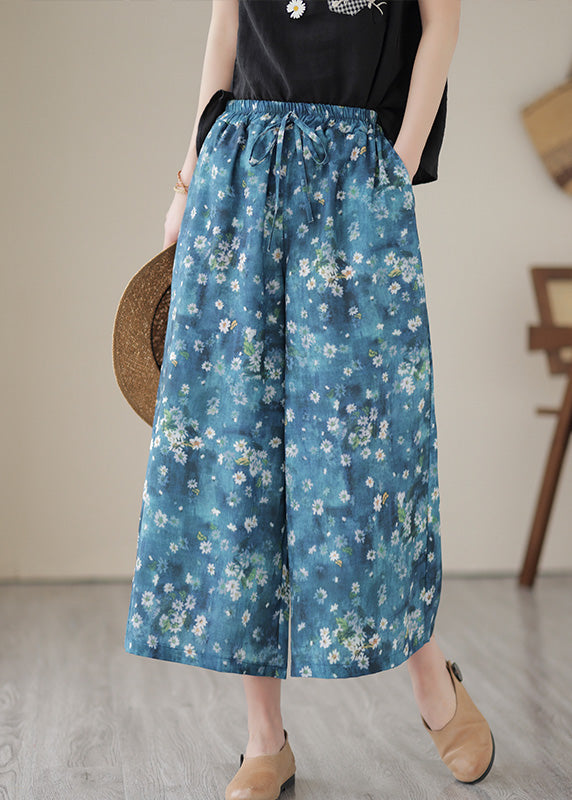 Unique Blue Print Elastic Waist Wide Leg Pants Summer LY4511 - fabuloryshop