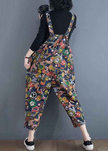 Unique Blue Print Pockets Patchwork Cotton Overalls Jumpsuit Spring LY5686 - fabuloryshop